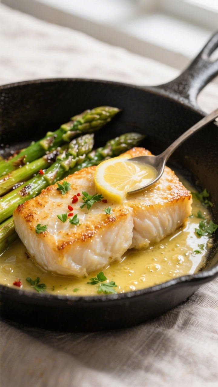 Close-up detail: Golden-seared cod fillet in a hot oven-safe skillet, bathed in glossy lemon-garlic