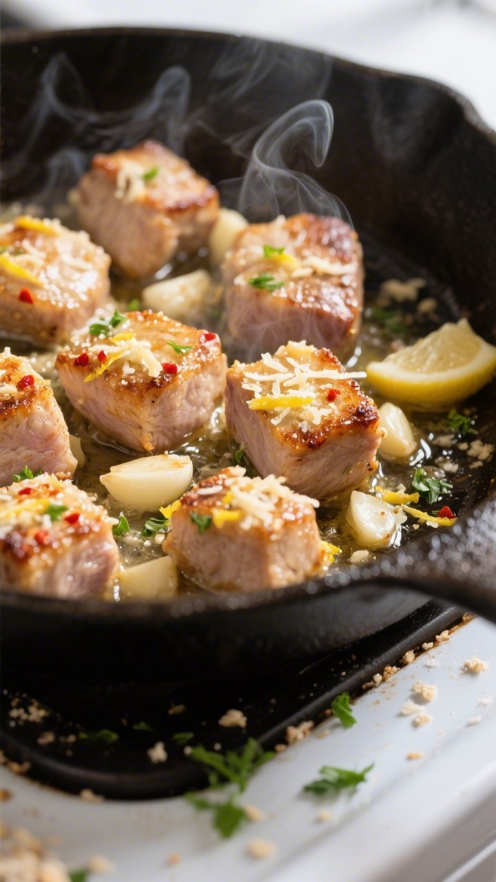 Close-up detail: Golden-seared garlic parmesan pork bites sizzling in a cast-iron skillet, coated in
