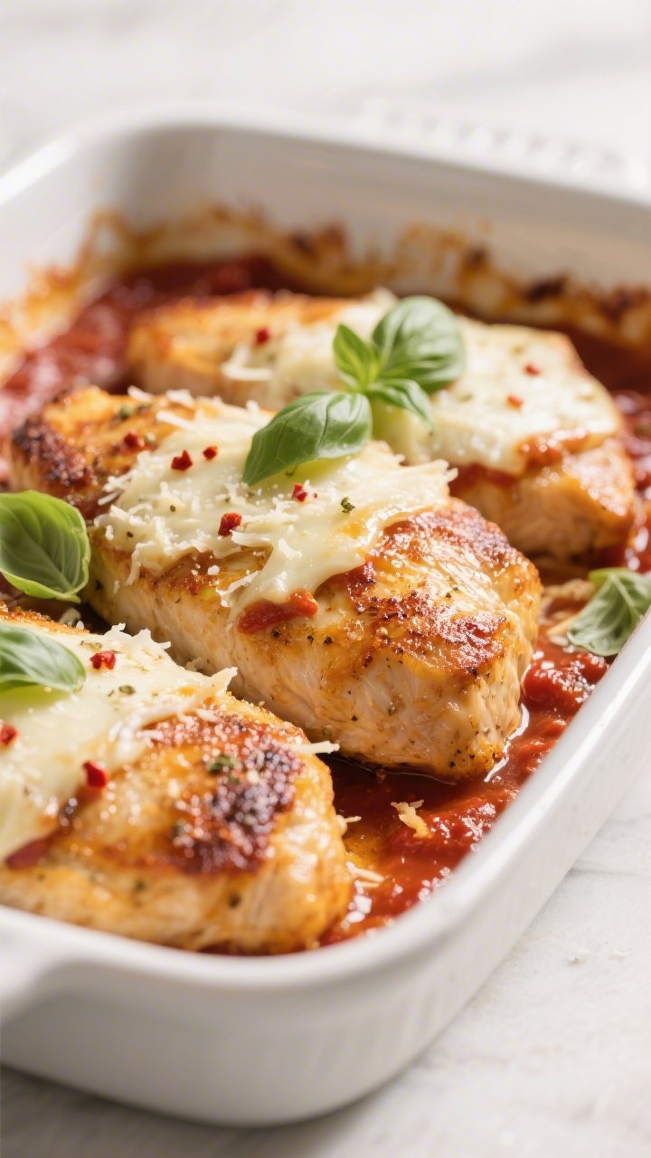 Close-up detail: Golden seared keto chicken cutlets nestled in a baking dish, edges caramelized from