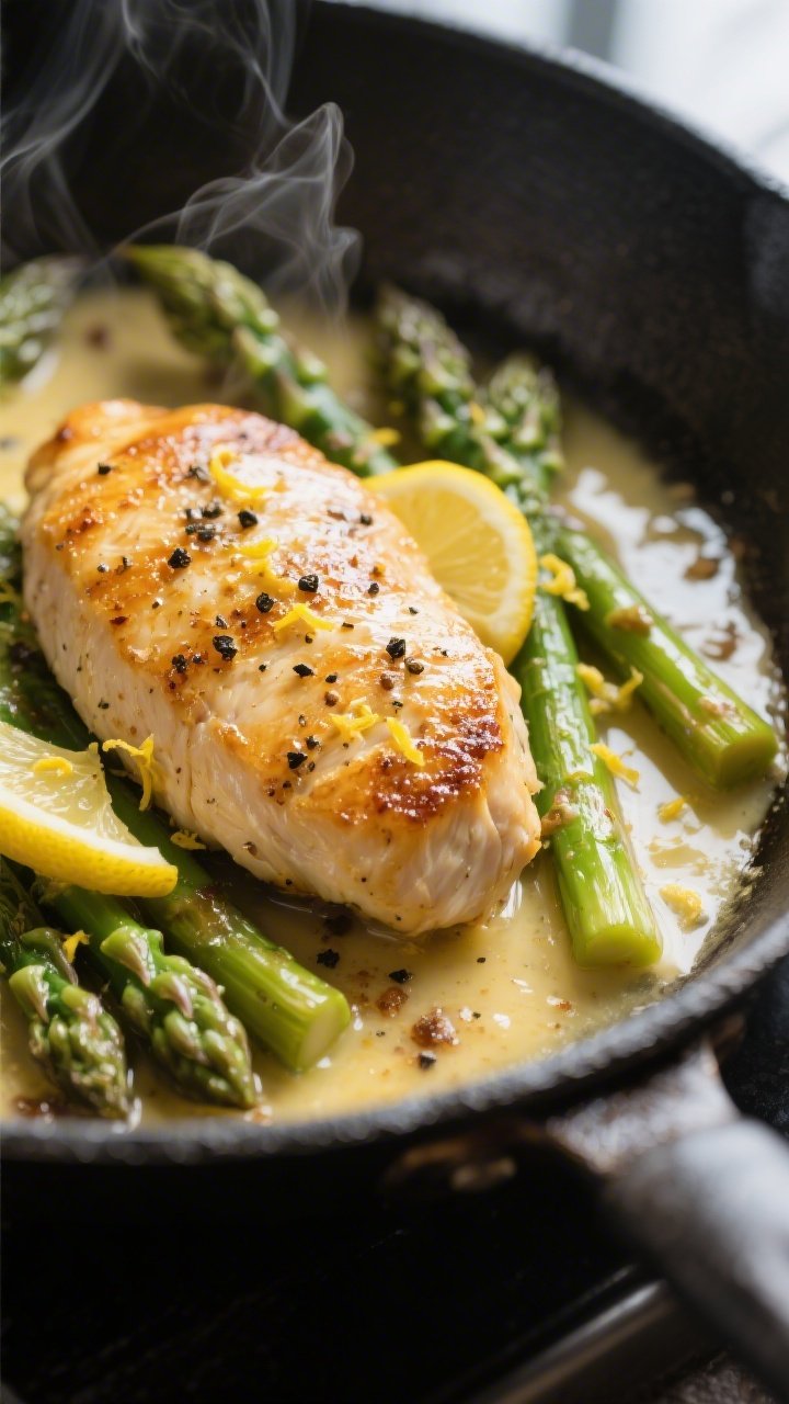 Close-up detail: Golden-seared lemon pepper chicken breast nestled among crisp-tender asparagus in a