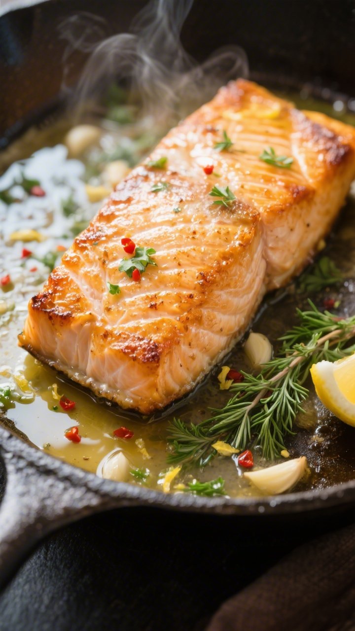 Close-up detail: Golden-seared salmon fillet in a skillet, edges crisp and caramelized with visible