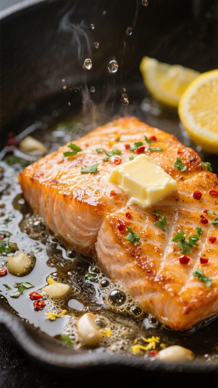 Close-up detail: Golden-seared salmon fillet in a skillet during the baste, butter visibly foaming a