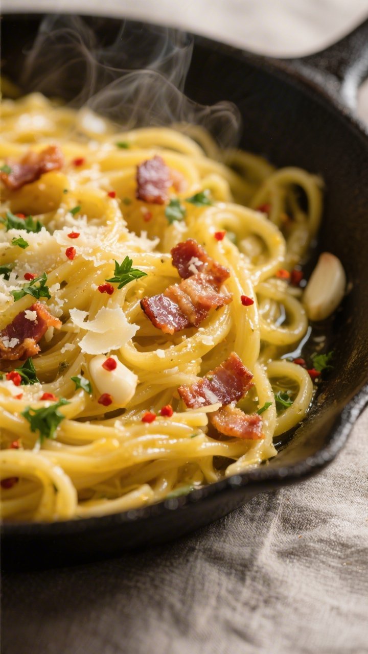 Close-up detail: Golden spaghetti squash strands tossed in glossy garlic butter in a skillet, speckl