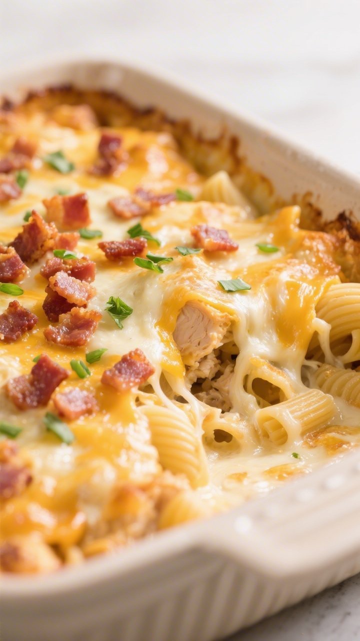 Close-up detail: Gooey, just-baked Chicken Bacon Ranch Casserole with bubbling cheddar and mozzarell