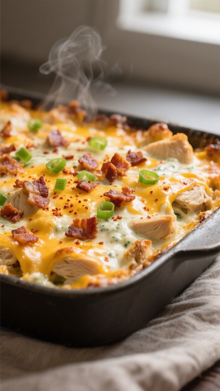 Close-up detail: Gooey Keto Crack Chicken Bake just out of the oven, bubbling edges with melted gold