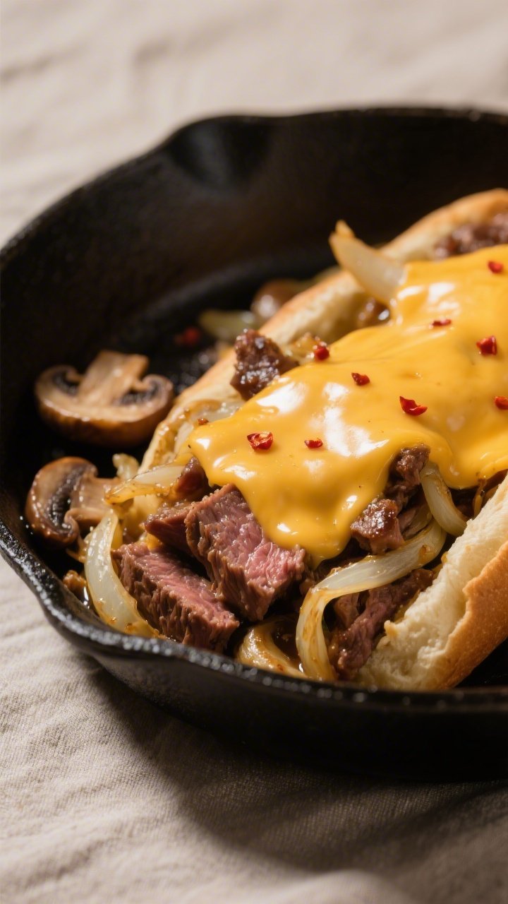Close-up detail: Gooey Philly cheesesteak filling just off the skilletβthinly sliced ribeye, golde