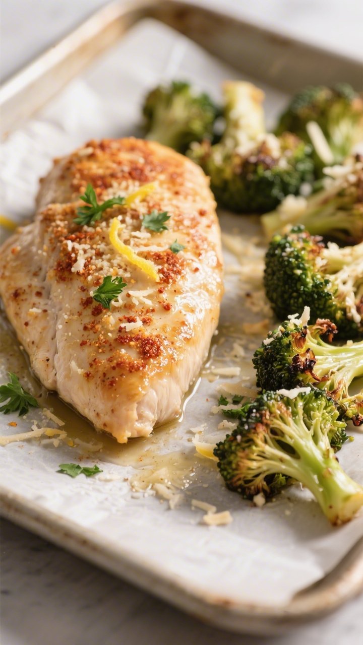 Close-up detail: Juicy baked ranch chicken breast just out of the oven with a light Parmesan crust a