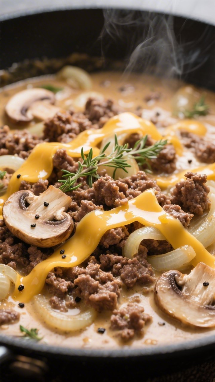 Close-up detail: Juicy browned ground beef crumbles swirled in a creamy Dijon-thyme mushroom sauce, 