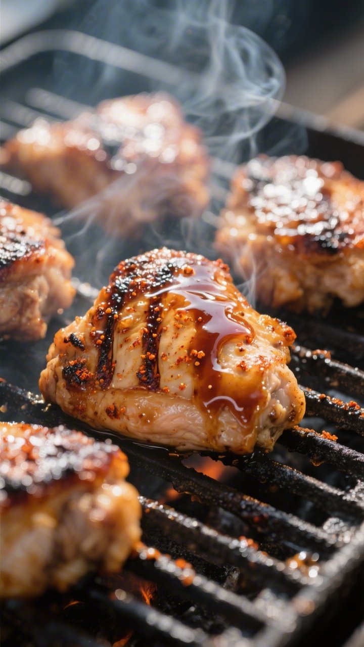 Close-up detail: Juicy, grill-marked keto BBQ chicken thighs being basted on a medium-hot grill, glo