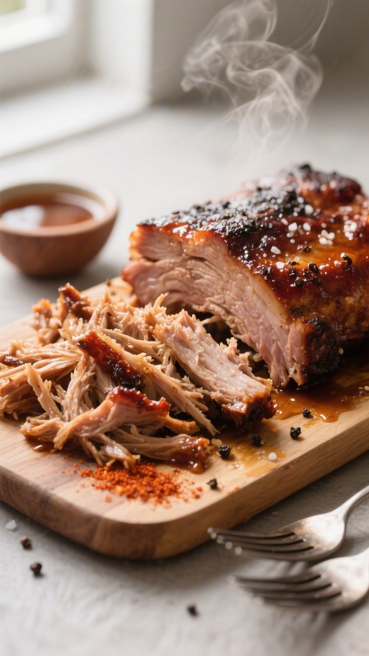 Close-up detail: Juicy keto pulled pork just shredded on a wooden board, glistening with reduced slo
