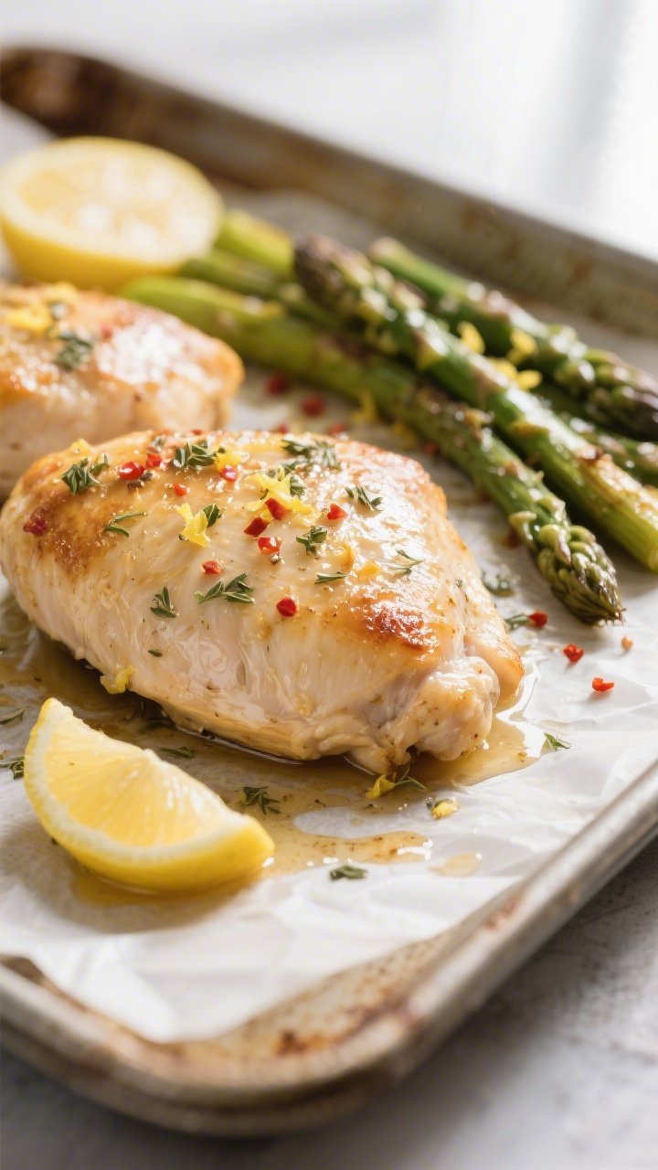Close-up detail: Juicy lemon-garlic chicken just out of the oven with light golden edges, glistening