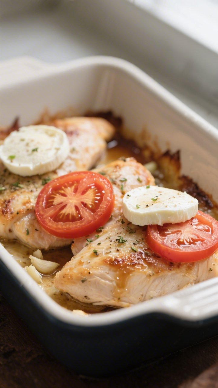 Close-up detail: Juicy, par-baked chicken breast in a 9x13 baking dish just after the first bake, to
