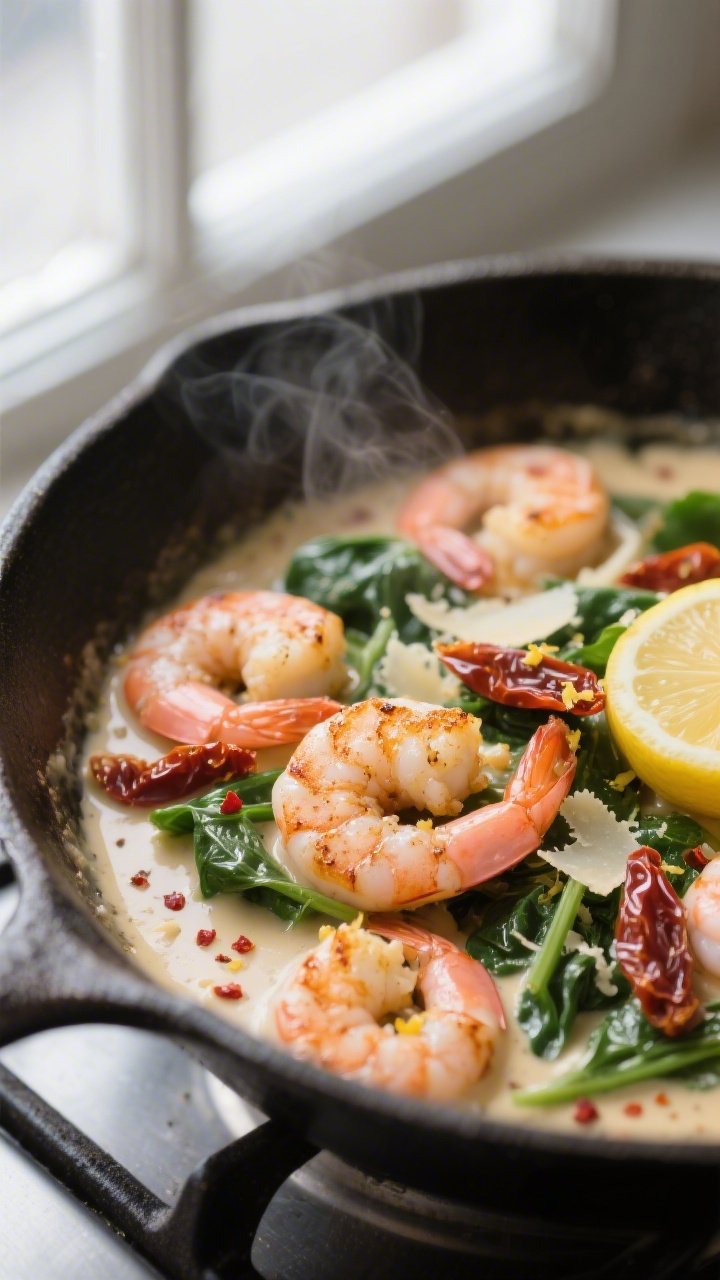 Close-up detail: Juicy seared shrimp tossed back into a silky Tuscan cream sauce in-skillet, showing