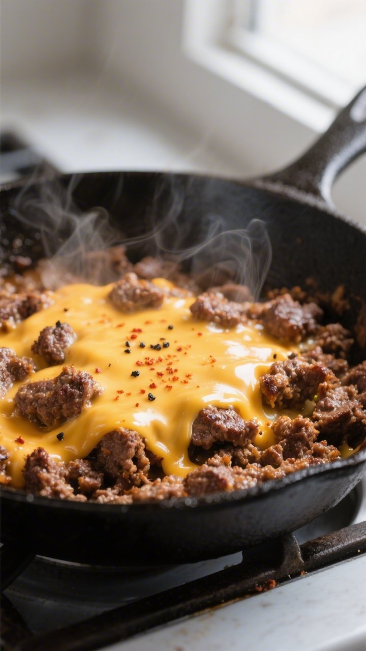 Close-up detail: Juicy skillet-cooked cheeseburger beef crumbles with crispy browned edges and gloss