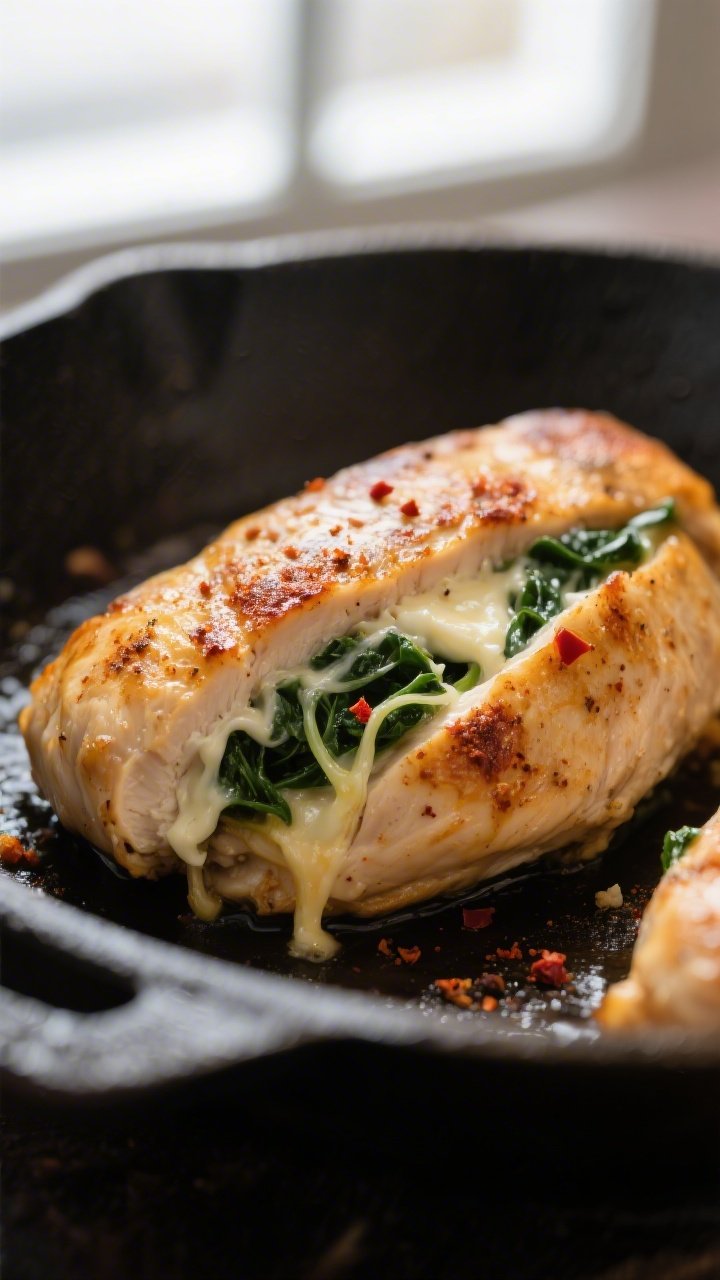 Close-up detail: Juicy spinach-stuffed chicken breast just out of the oven in an oven-safe skillet, 