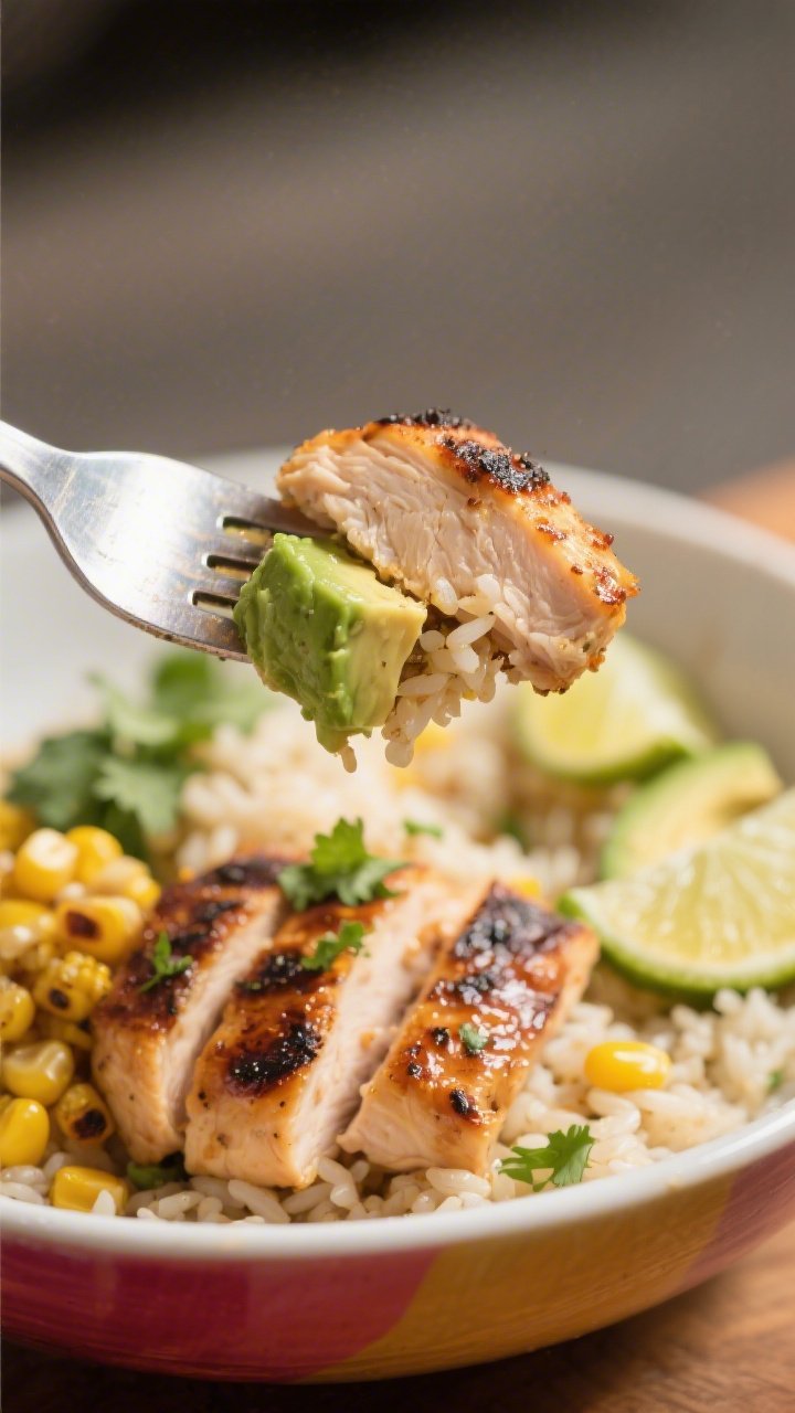 Close-up detail: Macro shot of a forkful lifted above the bowl showing juicy slices of chicken with 