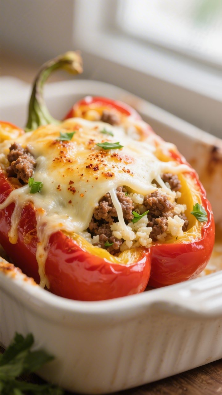 Close-up detail: Melted-cheese-topped keto stuffed bell pepper just out of the oven, cheese bubbly a