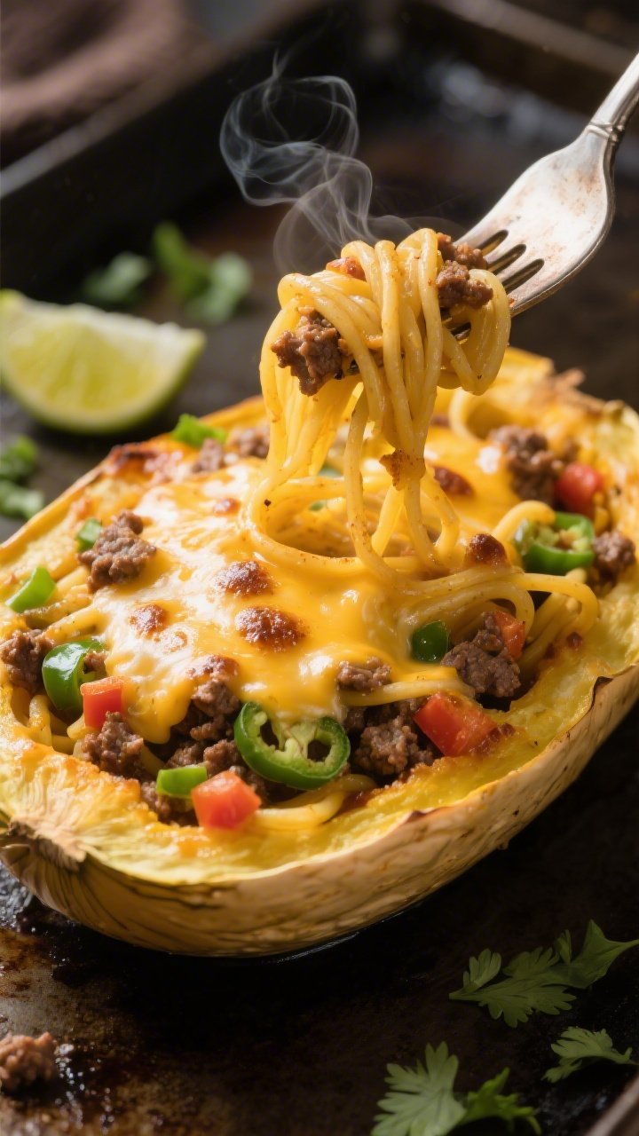 Close-up detail: Melted-cheese-topped taco spaghetti squash boat just out of the oven, showing gloss
