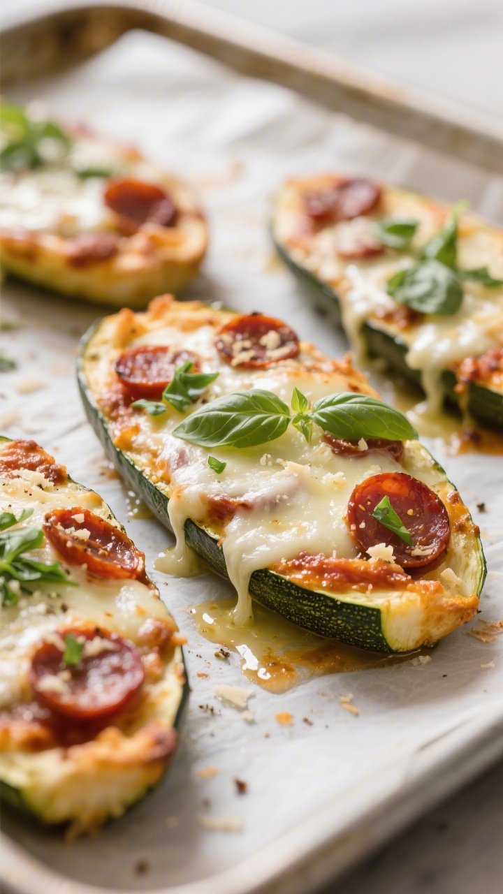 Close-up detail: Melted low-moisture mozzarella bubbling over sauced zucchini pizza boats just out o