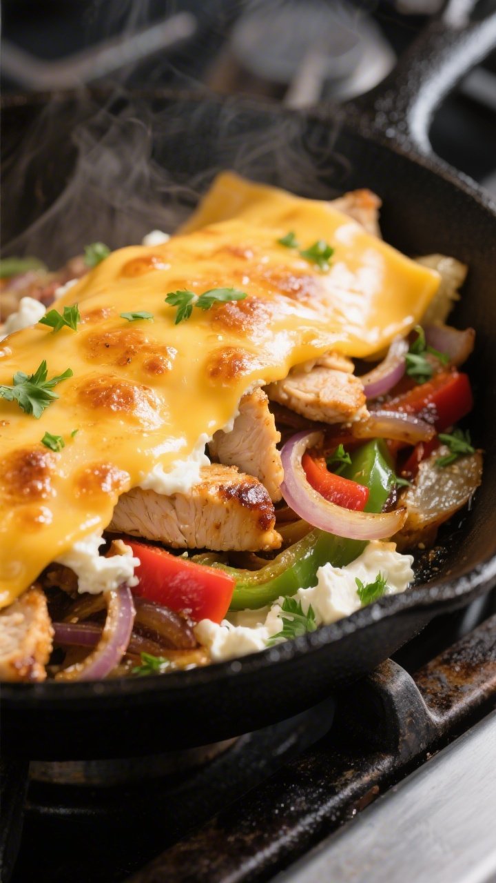 Close-up detail: Melted provolone blanket over sizzling keto chicken Philly cheesesteak in a black c