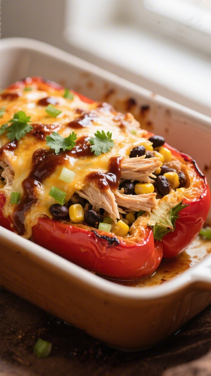 Close-up detail: Melty, bubbly cheese-topped BBQ chicken stuffed bell pepper just out of the oven, f