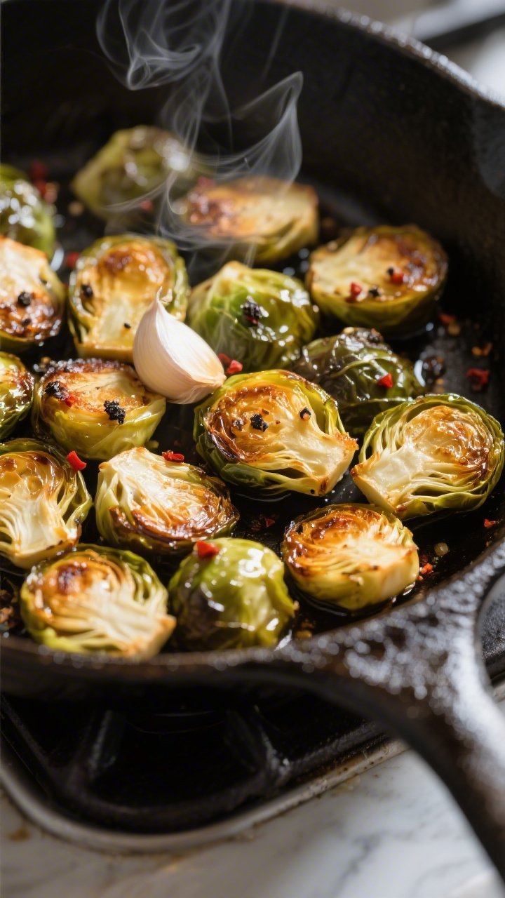 Close-up detail of caramelized Brussels sprouts in a skillet just after searing, cut-sides deeply go