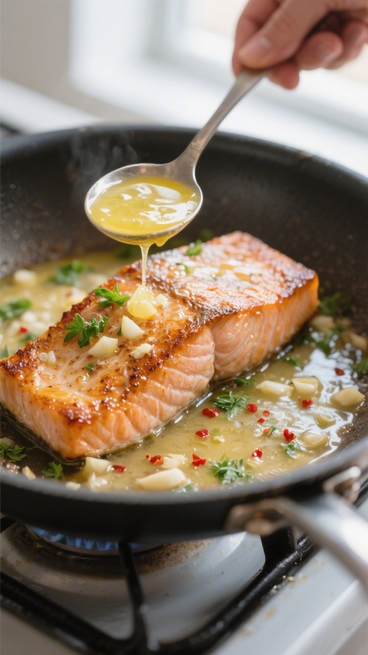 Close-up detail: Pan-seared salmon fillet in a stainless skillet, skin-side down, edges lightly cris