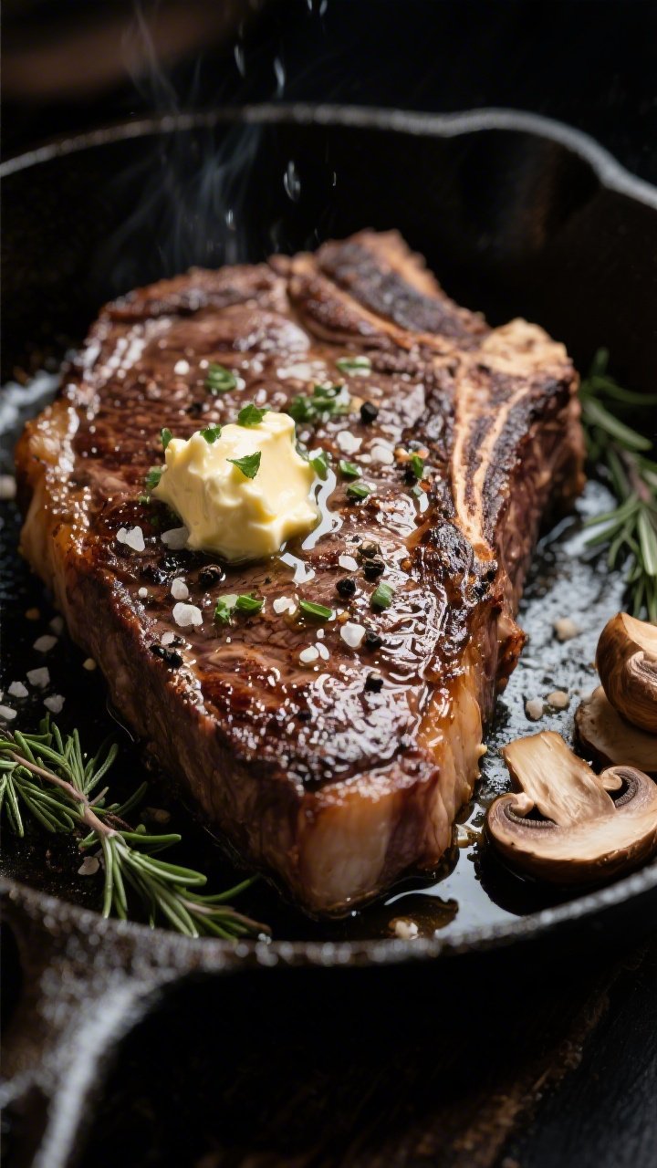 Close-up detail: Ribeye steak mid-baste in a cast-iron skillet, showing a deep brown crust with bubb
