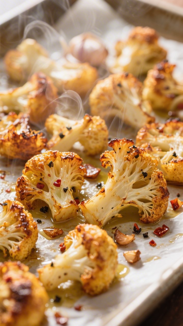Close-up detail: Roasted garlic cauliflower florets just out of the oven, deep golden-brown, crispy 
