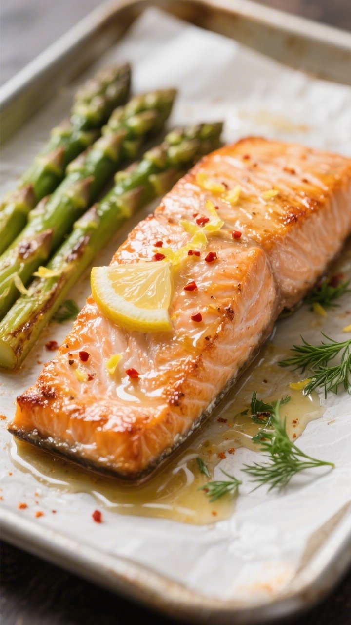 Close-up detail: Roasted salmon fillet just out of the oven, skin-side down, glistening with glossy 