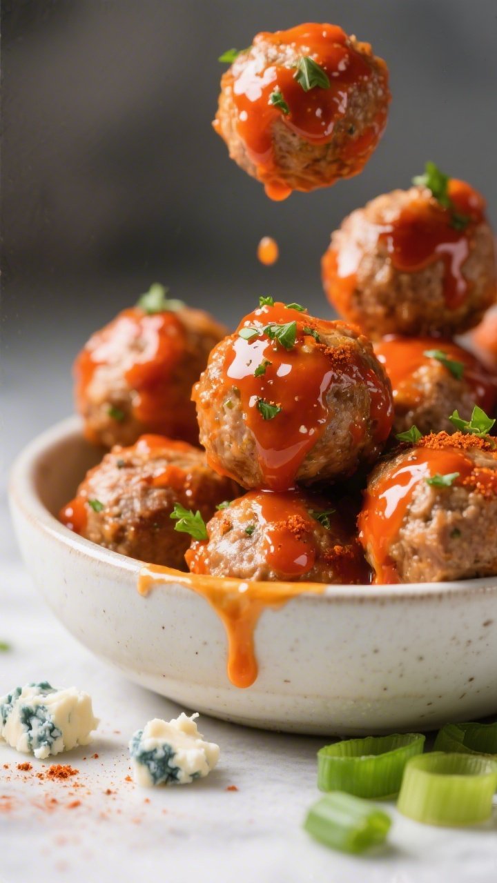 Close-up detail — Saucy buffalo-glazed turkey meatballs being tossed in a bowl: extreme close-up o