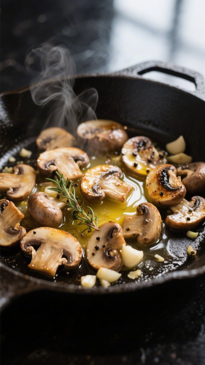Close-up detail: Sautéed cremini and button mushrooms in a hot skillet, glistening in garlic butter