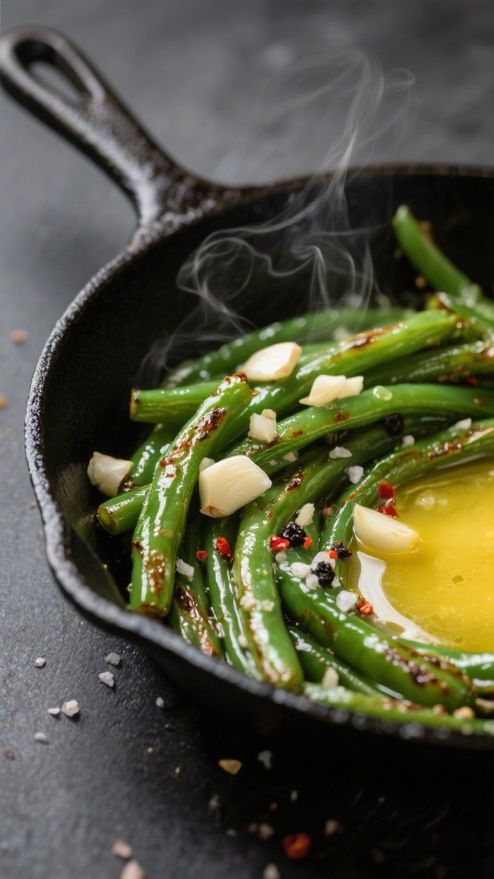 Close-up detail: Sautéed garlic butter green beans in a skillet, beans crisp-tender with light blis