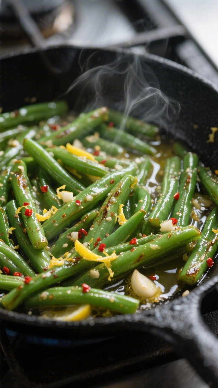Close-up detail: Sautéed green beans in a black skillet mid-toss, glistening in olive oil and melte