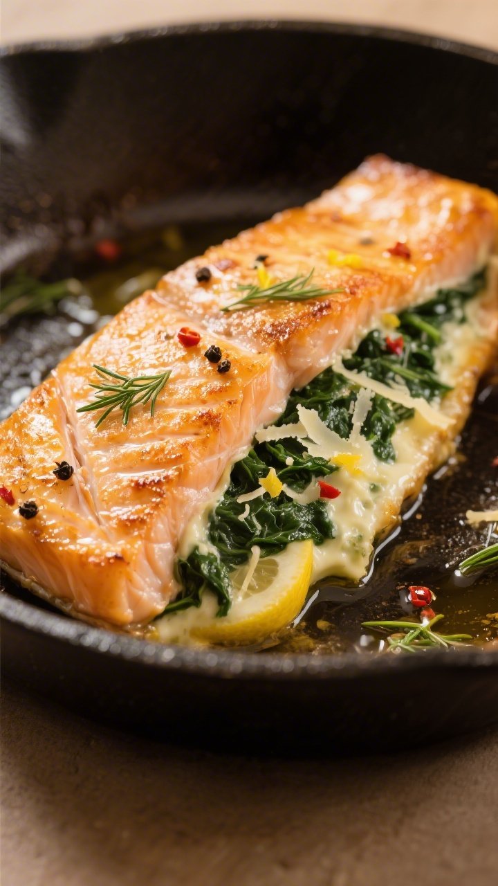 Close-up detail: Sear-and-finish moment. Golden-crusted salmon fillet in an oven-safe skillet, pocke
