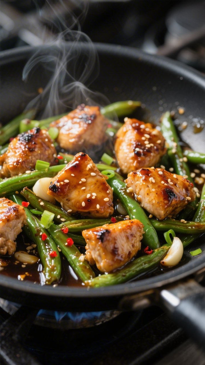 Close-up detail: Sear-kissed chicken bites and blistered green beans in a black skillet, coated in a