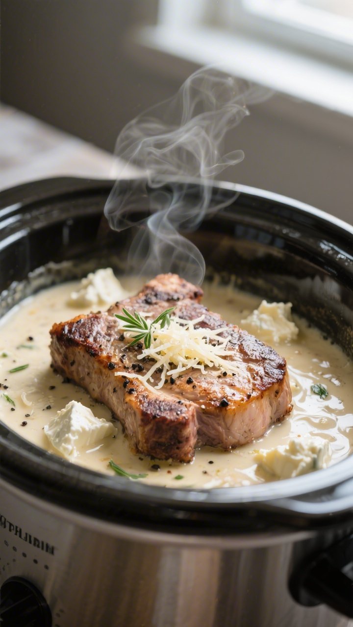 Close-up detail: Seared pork chop nestled in a creamy garlic-Parmesan sauce inside a slow cooker, sh