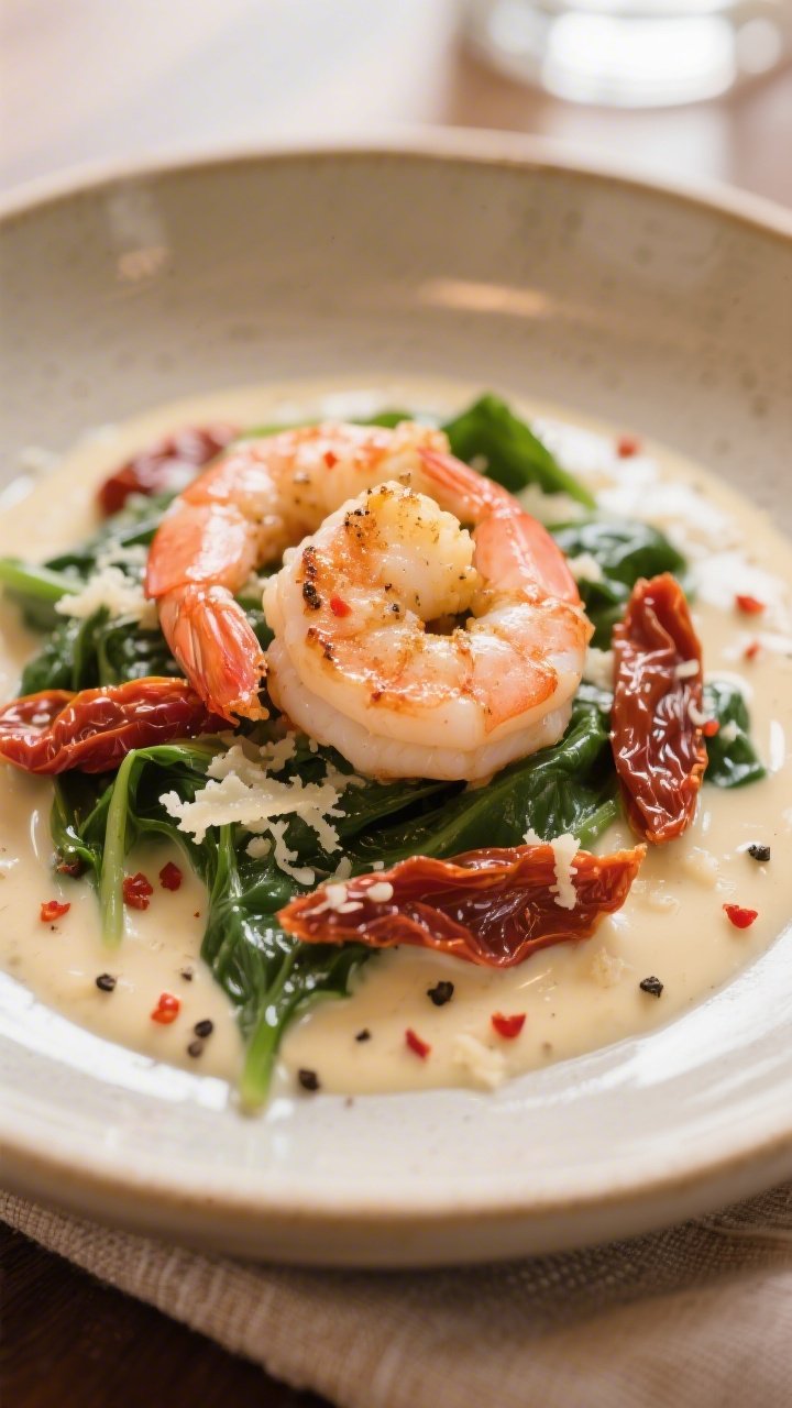 Close-up detail: Seared shrimp nestled in a velvety garlic-Parmesan cream sauce with ribbons of sun-