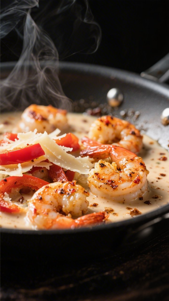 Close-up detail: Searing Cajun-seasoned shrimp just cooked and returned to a glossy skillet of cream