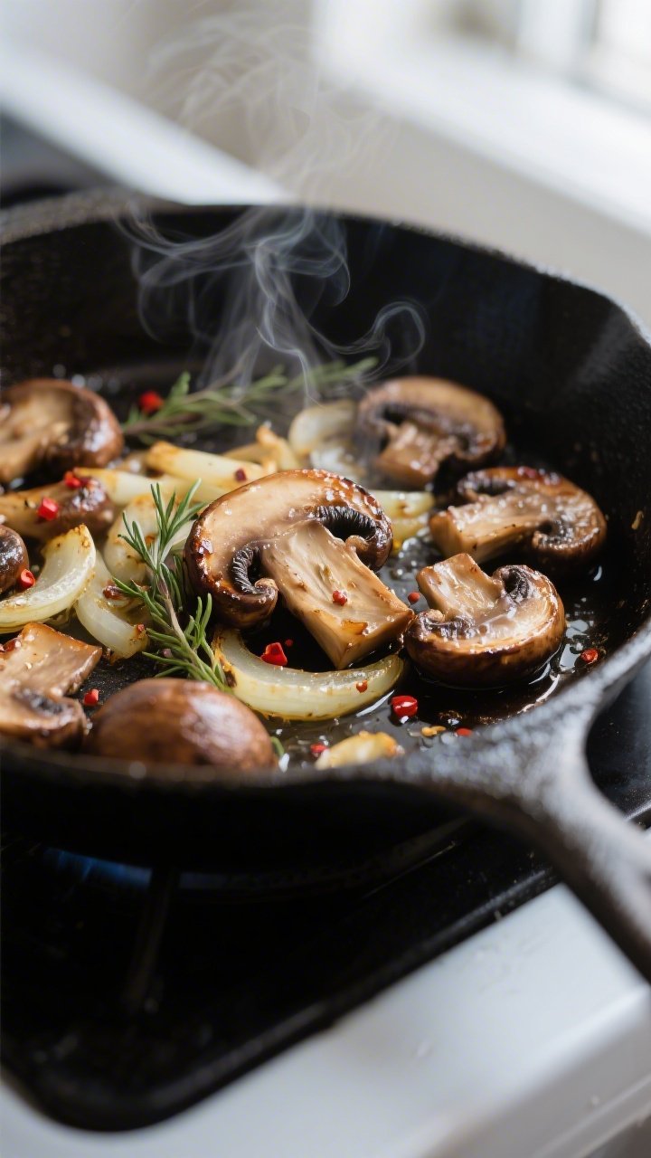 Close-up detail: Searing cremini mushrooms in a hot skillet, deeply browned edges with a glossy shee