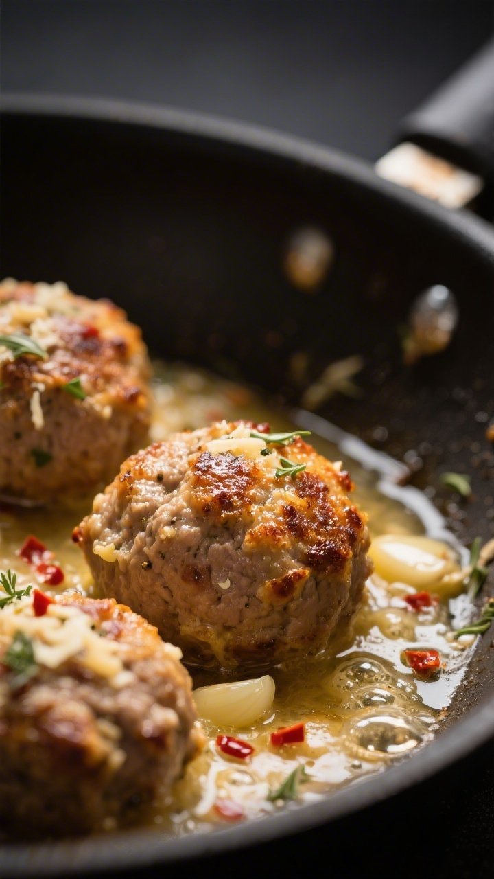 Close-up detail: Searing garlic-Parmesan meatballs in a skillet, golden-brown crust with visible bro