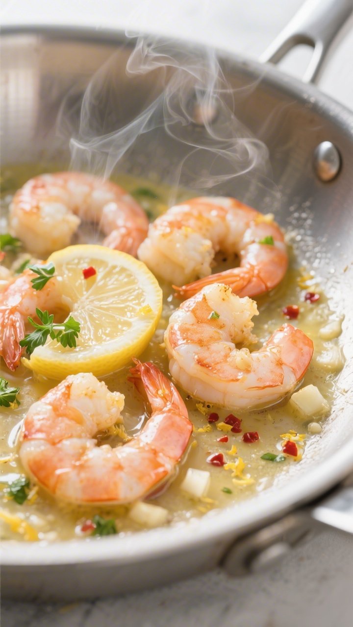 Close-up detail: Searing lemon-butter shrimp in a stainless-steel skillet, shrimp just turned pink w