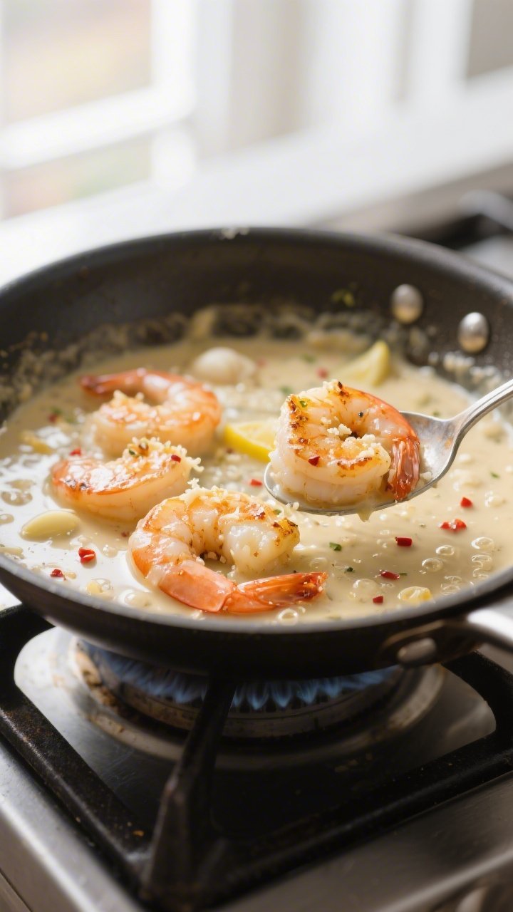 Close-up detail: Searing shrimp in a stainless skillet, just-opaque and lightly golden at the edges,