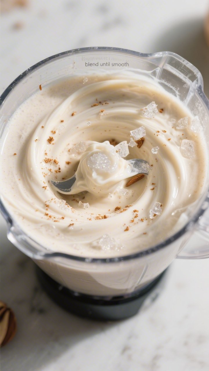 Close-up detail shot: A frosty Keto Vanilla Almond Smoothie mid-blend swirling in a high-speed blend