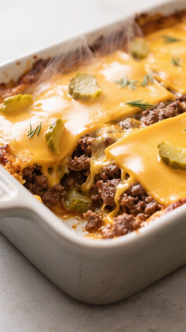 Close-up detail shot: Broiled, bubbling keto In-N-Out burger casserole just out of the oven, showing
