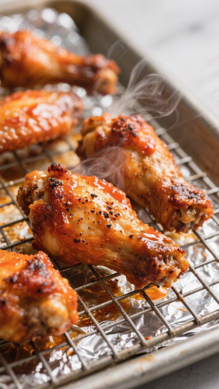 Close-up detail shot: Broiled keto Buffalo ranch chicken wings just out of the oven on a wire rack o