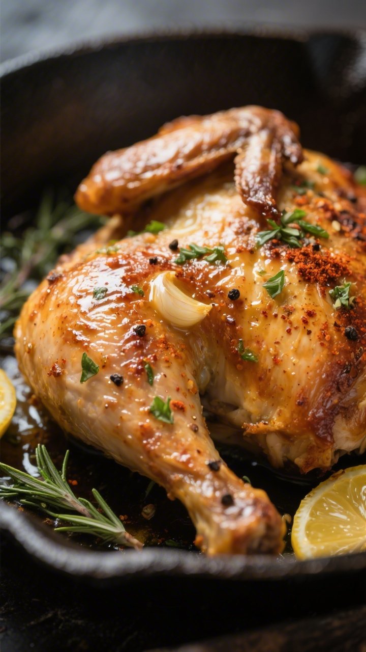 Close-up detail shot: Crispy, golden-brown roasted chicken skin glistening with melted garlic-herb b