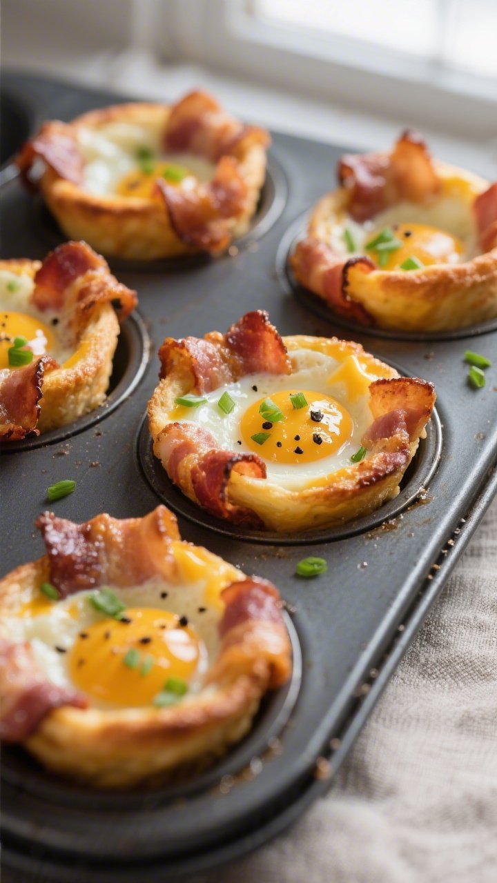 Close-up detail shot: Freshly baked keto bacon egg cups just out of the oven, bacon rings crisped an