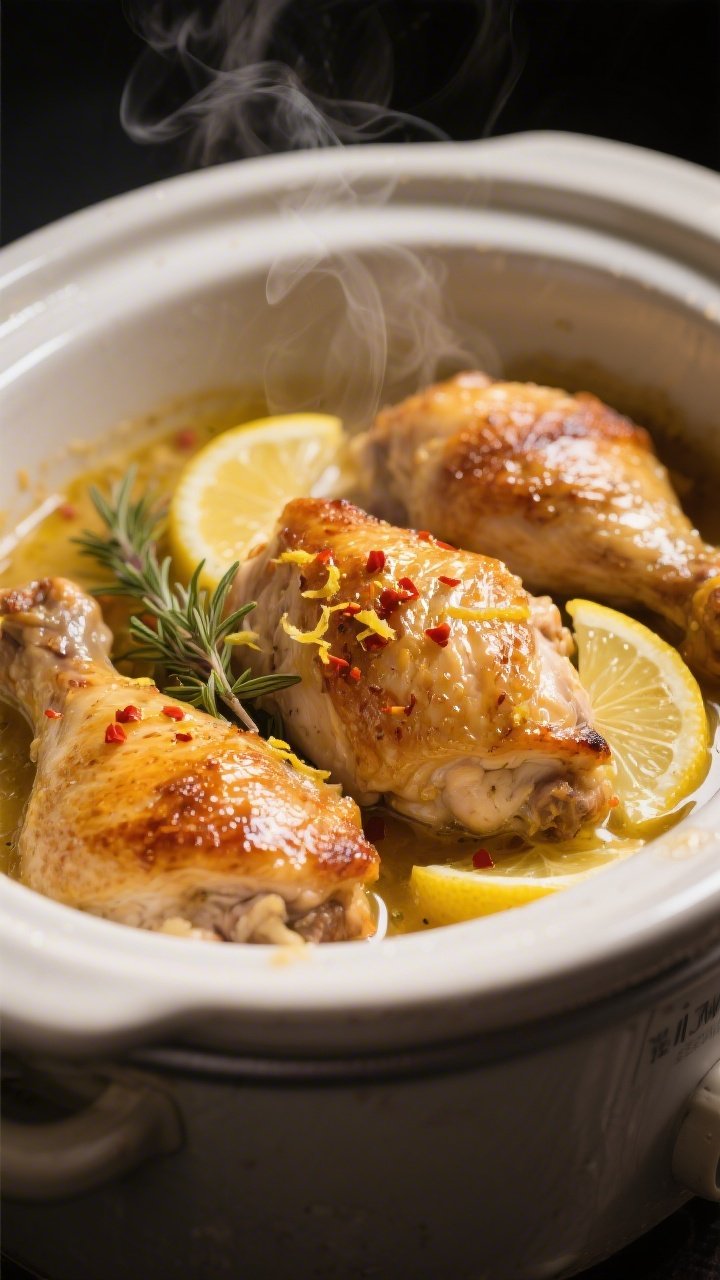 Close-up detail shot: Golden-brown chicken thighs just after optional searing, nestled in a crockpot