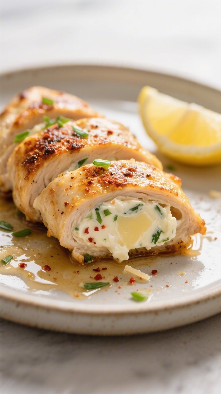 Close-up detail shot: Golden-browned cream cheese stuffed chicken breast just out of the oven, slice